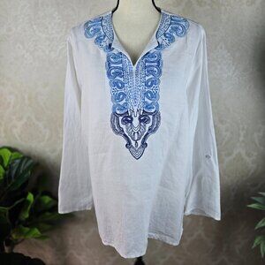 Symple NYC White Linen Tunic Blouse Ombre Blue Embroidery Roll Tab Sleeves
